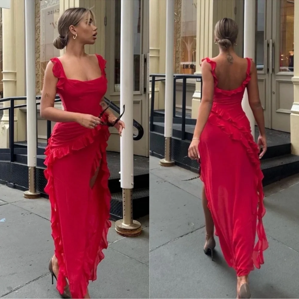 NWOT HOUSE OF CB 'Ariela' Cherry Red Ruffle Maxi Dress red sz L